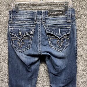 Rock Revival Jen Straight Leg Jeans Rhinestone Distressed Frayed Size 28(30x28)